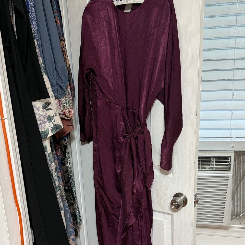 Mango Long Sleeve Wrap Dress in Deep Plum